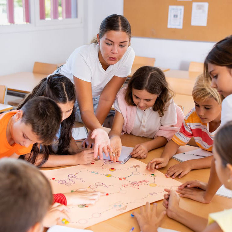 Eine Lehrerin gibt Kindern, die an einem Plakat arbeiten, Ratschläge zur Gestaltung.